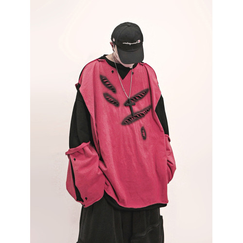 UUCSCC嘻哈潮牌破洞假兩件圓領衛衣美式復古vintage寬鬆長袖帽衫