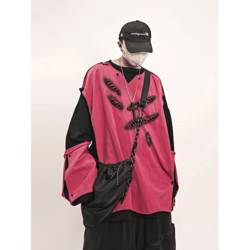 UUCSCC嘻哈潮牌破洞假兩件圓領衛衣美式復古vintage寬鬆長袖帽衫