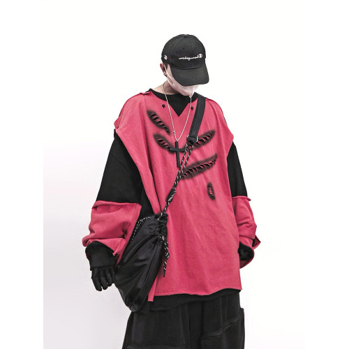 UUCSCC嘻哈潮牌破洞假兩件圓領衛衣美式復古vintage寬鬆長袖帽衫