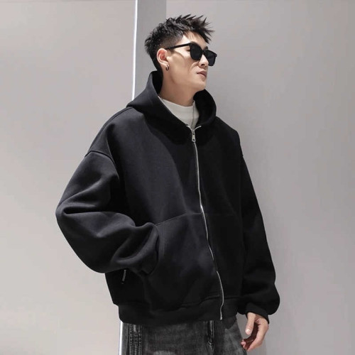 美式潮牌後背包一體開衫衛衣男春秋高級設計感寬松休閒連帽黑色外套 美式潮牌後背包一體開衫衛衣男春秋高級設計感寬松休閒連帽黑色外套