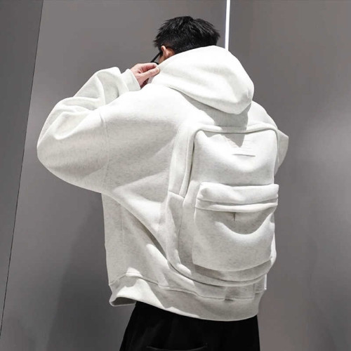 美式潮牌後背包一體開衫衛衣男春秋高級設計感寬松休閒連帽黑色外套 美式潮牌後背包一體開衫衛衣男春秋高級設計感寬松休閒連帽黑色外套