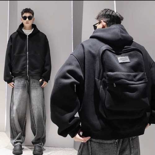 美式潮牌後背包一體開衫衛衣男春秋高級設計感寬松休閒連帽黑色外套 美式潮牌後背包一體開衫衛衣男春秋高級設計感寬松休閒連帽黑色外套