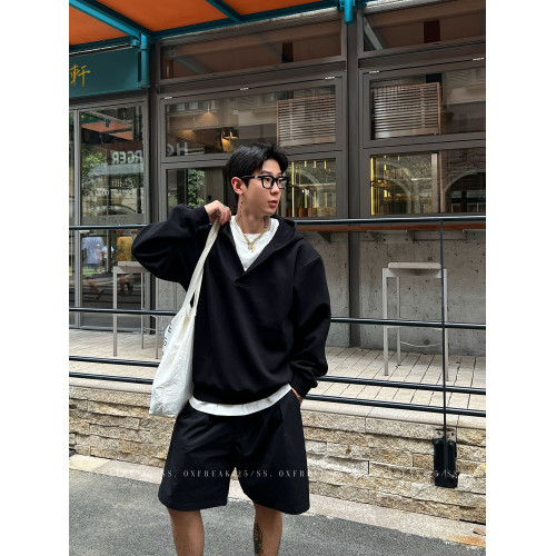 OXFREAK「極簡廓形 藏藍色」假兩件連帽衛衣男寬松設計感套頭上衣 OXFREAK「極簡廓形 藏藍色」假兩件連帽衛衣男寬松設計感套頭上衣