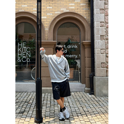 OXFREAK「極簡廓形 藏藍色」假兩件連帽衛衣男寬松設計感套頭上衣 OXFREAK「極簡廓形 藏藍色」假兩件連帽衛衣男寬松設計感套頭上衣