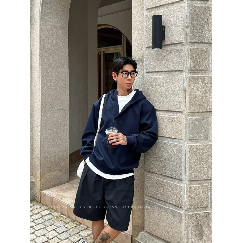 OXFREAK「極簡廓形 藏藍色」假兩件連帽衛衣男寬松設計感套頭上衣 OXFREAK「極簡廓形 藏藍色」假兩件連帽衛衣男寬松設計感套頭上衣