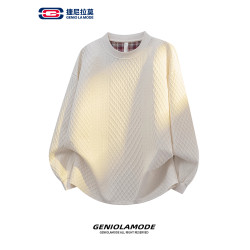 GENIOLAMODE杏色提花寬松長袖男T恤春秋新款百搭休閒圓領情侶衛衣