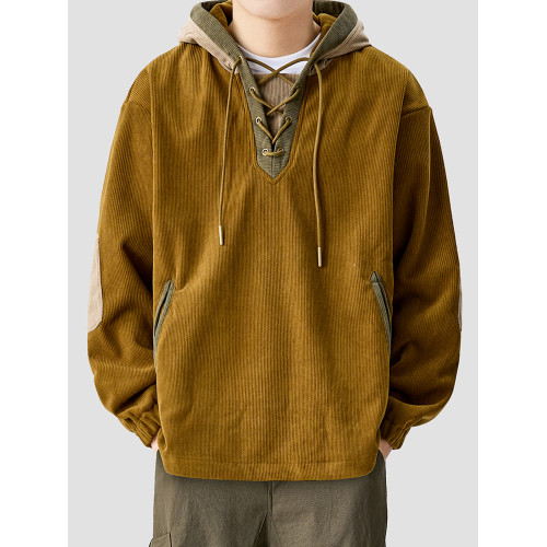 LAZY DAY原創男裝美式復古燈芯絨撞色連帽衛衣男秋冬寬鬆加絨外套