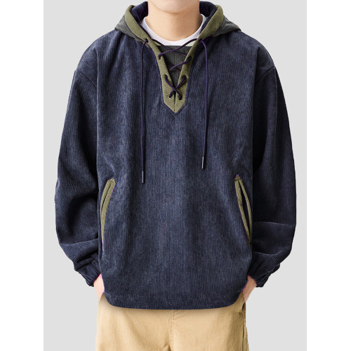 LAZY DAY原創男裝美式復古燈芯絨撞色連帽衛衣男秋冬寬鬆加絨外套