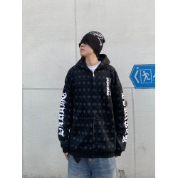 秋季美式復古滿印十字架印花連帽衛衣男女寬松休閒情侶開衫外套潮