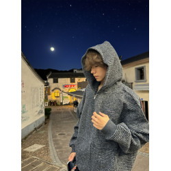 美式高街條紋連帽衛衣男款秋季潮牌寬松情侶裝青少年加厚純棉外套