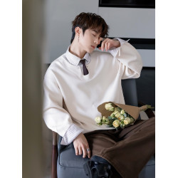 CHICERRO西西裡男裝美式高級襯衫領拼條紋假兩件衛衣男設計感潮流