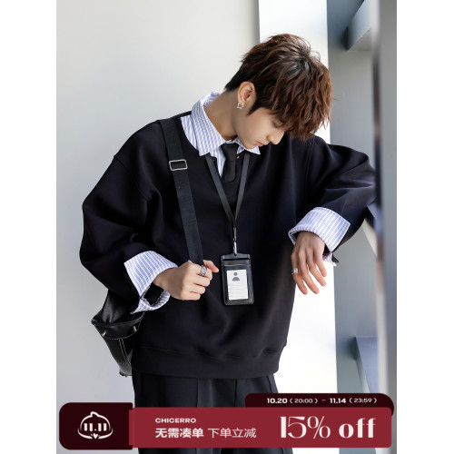 CHICERRO西西裡男裝美式高級襯衫領拼條紋假兩件衛衣男設計感潮流 CHICERRO西西裡男裝美式高級襯衫領拼條紋假兩件衛衣男設計感潮流