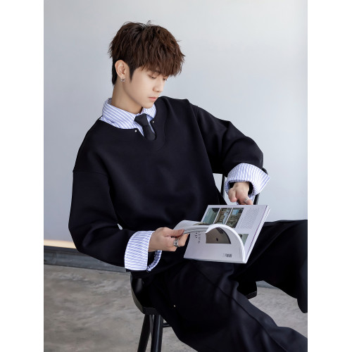 CHICERRO西西裡男裝美式高級襯衫領拼條紋假兩件衛衣男設計感潮流 CHICERRO西西裡男裝美式高級襯衫領拼條紋假兩件衛衣男設計感潮流