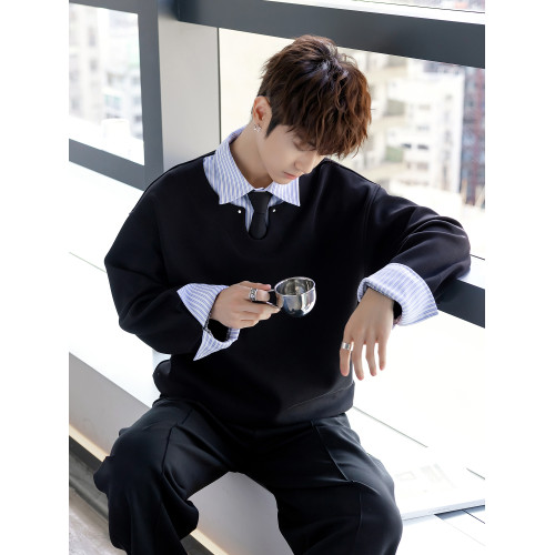 CHICERRO西西裡男裝美式高級襯衫領拼條紋假兩件衛衣男設計感潮流 CHICERRO西西裡男裝美式高級襯衫領拼條紋假兩件衛衣男設計感潮流