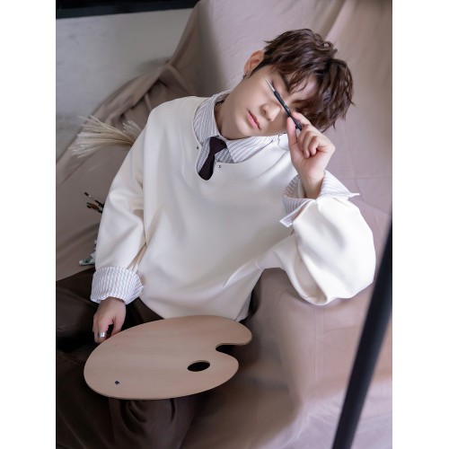 CHICERRO西西裡男裝美式高級襯衫領拼條紋假兩件衛衣男設計感潮流 CHICERRO西西裡男裝美式高級襯衫領拼條紋假兩件衛衣男設計感潮流