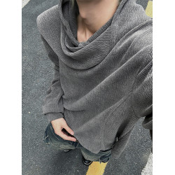 美式復古灰色圍巾領連帽衛衣男秋季百搭打底衫小衆設計感長袖上衣