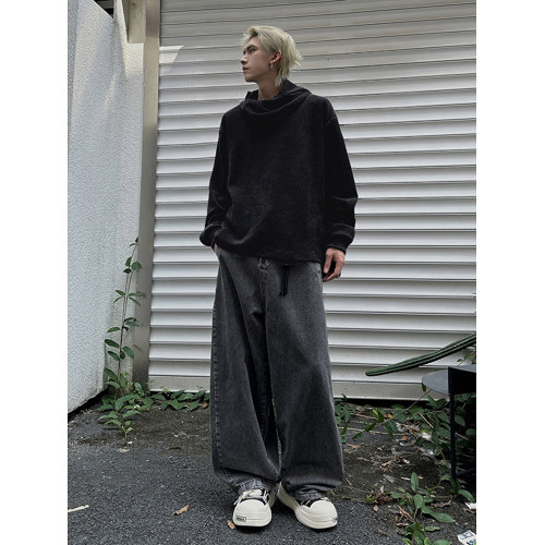 美式復古灰色圍巾領連帽衛衣男秋季百搭打底衫小衆設計感長袖上衣