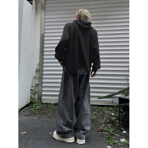 美式復古灰色圍巾領連帽衛衣男秋季百搭打底衫小衆設計感長袖上衣