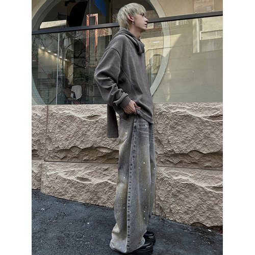 美式復古灰色圍巾領連帽衛衣男秋季百搭打底衫小衆設計感長袖上衣