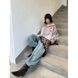 WASE秋冬丁香灰水洗褪色做舊破壞印花連帽燙鑽短寬拉鍊衛衣外套