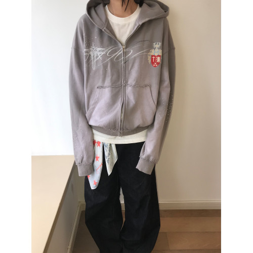 WASE秋冬丁香灰水洗褪色做舊破壞印花連帽燙鑽短寬拉鍊衛衣外套 WASE秋冬丁香灰水洗褪色做舊破壞印花連帽燙鑽短寬拉鍊衛衣外套