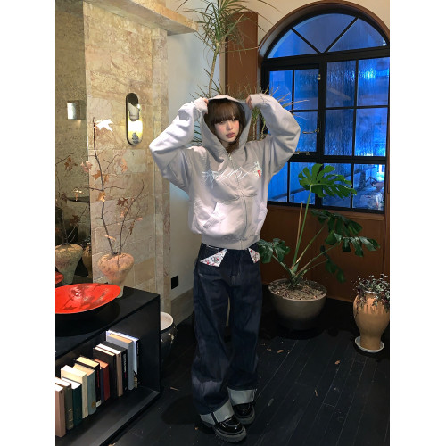 WASE秋冬丁香灰水洗褪色做舊破壞印花連帽燙鑽短寬拉鍊衛衣外套 WASE秋冬丁香灰水洗褪色做舊破壞印花連帽燙鑽短寬拉鍊衛衣外套