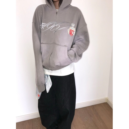 WASE秋冬丁香灰水洗褪色做舊破壞印花連帽燙鑽短寬拉鍊衛衣外套 WASE秋冬丁香灰水洗褪色做舊破壞印花連帽燙鑽短寬拉鍊衛衣外套