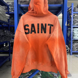 聯名款SAINT Michael字母印花水洗做舊破洞加絨休閒男女連帽衛衣