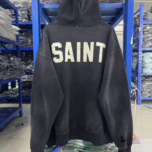 聯名款SAINT Michael字母印花水洗做舊破洞加絨休閒男女連帽衛衣 聯名款SAINT Michael字母印花水洗做舊破洞加絨休閒男女連帽衛衣
