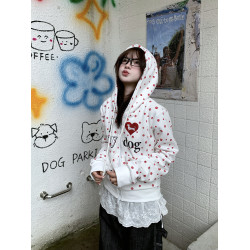 GTGA愛心燙鑽印花連帽衛衣開衫秋季新款狗爪滿印修身顯瘦短款外套