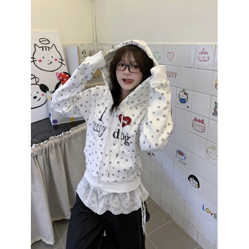 GTGA愛心燙鑽印花連帽衛衣開衫秋季新款狗爪滿印修身顯瘦短款外套 GTGA愛心燙鑽印花連帽衛衣開衫秋季新款狗爪滿印修身顯瘦短款外套