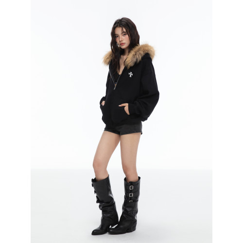 Archivum 百搭寬松可拆卸貉子毛領連帽套頭衛衣開衫外套情侶 Archivum 百搭寬松可拆卸貉子毛領連帽套頭衛衣開衫外套情侶