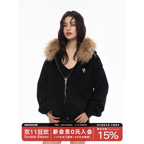 Archivum 百搭寬松可拆卸貉子毛領連帽套頭衛衣開衫外套情侶 Archivum 百搭寬松可拆卸貉子毛領連帽套頭衛衣開衫外套情侶