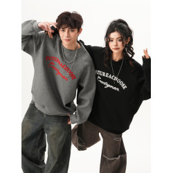 慵嬾風貼布綉圓領衛衣男女秋季復古美式學院風長袖重磅寬鬆上衣潮