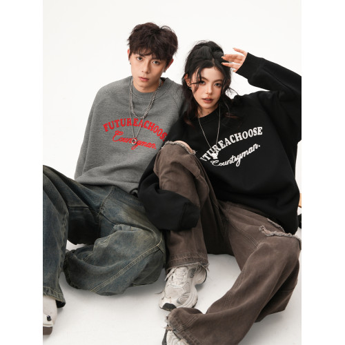 慵嬾風貼布綉圓領衛衣男女秋季復古美式學院風長袖重磅寬鬆上衣潮