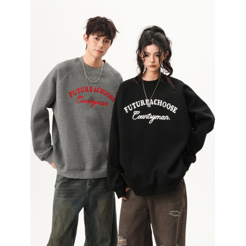 慵嬾風貼布綉圓領衛衣男女秋季復古美式學院風長袖重磅寬鬆上衣潮