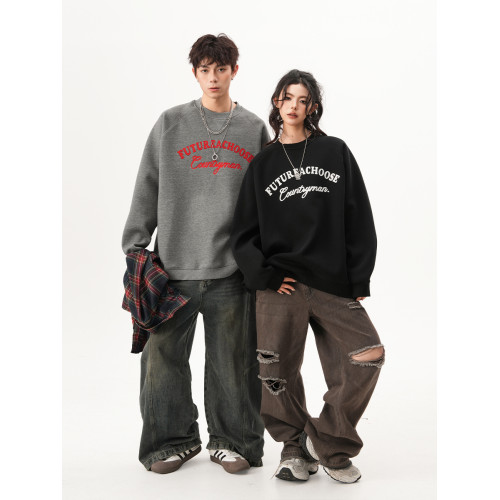 慵嬾風貼布綉圓領衛衣男女秋季復古美式學院風長袖重磅寬鬆上衣潮