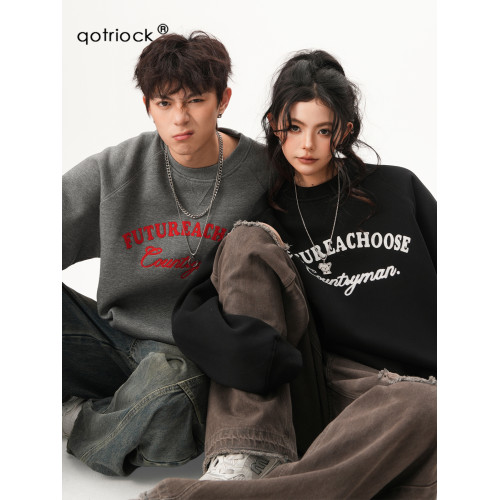 慵嬾風貼布綉圓領衛衣男女秋季復古美式學院風長袖重磅寬鬆上衣潮