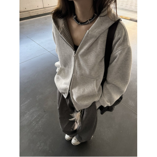 Xanvas雙面穿千鳥格拉鍊衛衣帽衫老錢風短寬百搭開衫外套cleanfit Xanvas雙面穿千鳥格拉鍊衛衣帽衫老錢風短寬百搭開衫外套cleanfit