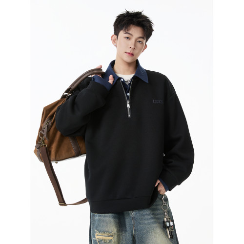 美式假兩件POLO衫半拉鍊衛衣男款春秋冬季潮牌寬松休閒男生上衣服 美式假兩件POLO衫半拉鍊衛衣男款春秋冬季潮牌寬松休閒男生上衣服