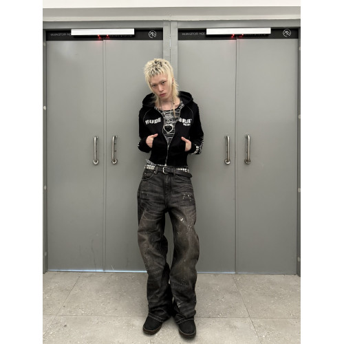 no E mosen(noE)黑色虎紋拼接燙鑽字母修身雙拉鍊連帽衛衣外套 no E mosen(noE)黑色虎紋拼接燙鑽字母修身雙拉鍊連帽衛衣外套