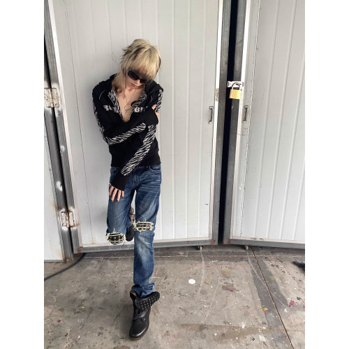 no E mosen(noE)黑色虎紋拼接燙鑽字母修身雙拉鍊連帽衛衣外套 no E mosen(noE)黑色虎紋拼接燙鑽字母修身雙拉鍊連帽衛衣外套