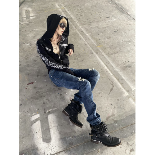 no E mosen(noE)黑色虎紋拼接燙鑽字母修身雙拉鍊連帽衛衣外套 no E mosen(noE)黑色虎紋拼接燙鑽字母修身雙拉鍊連帽衛衣外套