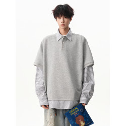 美式假兩件條紋polo衫衛衣男潮牌秋季寬松學院風痞帥百搭翻領上衣