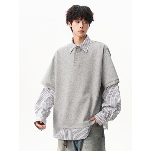美式假兩件條紋polo衫衛衣男潮牌秋季寬松學院風痞帥百搭翻領上衣 美式假兩件條紋polo衫衛衣男潮牌秋季寬松學院風痞帥百搭翻領上衣
