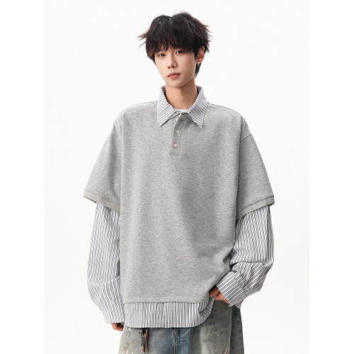 美式假兩件條紋polo衫衛衣男潮牌秋季寬松學院風痞帥百搭翻領上衣 美式假兩件條紋polo衫衛衣男潮牌秋季寬松學院風痞帥百搭翻領上衣