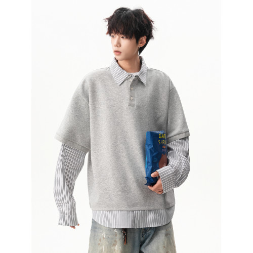 美式假兩件條紋polo衫衛衣男潮牌秋季寬松學院風痞帥百搭翻領上衣 美式假兩件條紋polo衫衛衣男潮牌秋季寬松學院風痞帥百搭翻領上衣