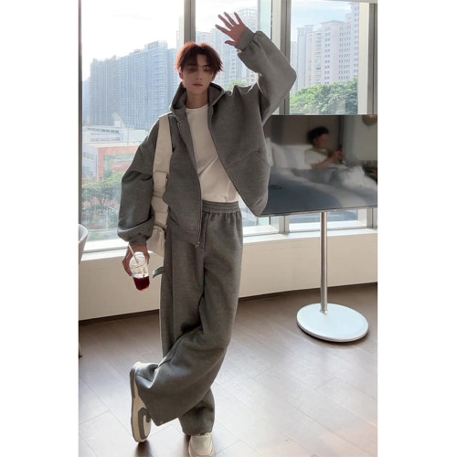 灰色重磅連帽衛衣套裝男2025秋冬季穿搭一整套高級感休閒運動外套 灰色重磅連帽衛衣套裝男2025秋冬季穿搭一整套高級感休閒運動外套