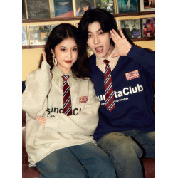 酒釀丸子ALOHA 復古小衆設計感領帶拼接假兩件套情侶裝衛衣秋冬