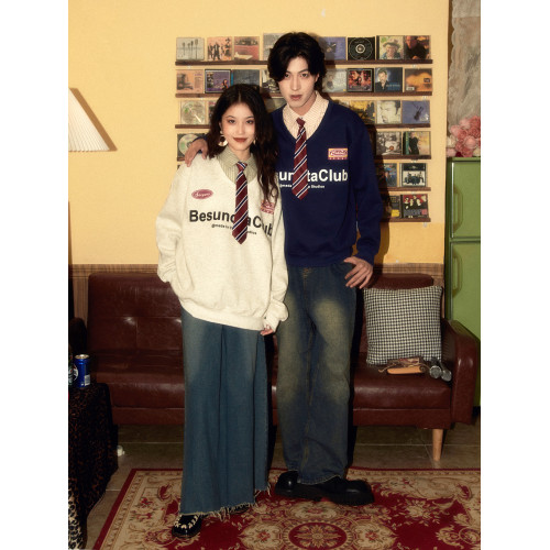 酒釀丸子ALOHA 復古小衆設計感領帶拼接假兩件套情侶裝衛衣秋冬